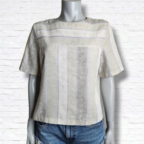Vintage Tops - Vintage "Lana Lee" Cotton Striped Neutral Tones Crop Tee Shirt Size S